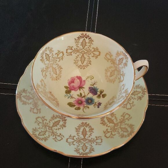 Vintage Royal Grafton Mint Green Gold Floral Tea Cup & Saucer Made in England - Picture 1 of 6